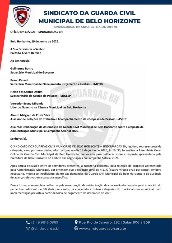 Ofício do Sindguardas-BH encaminhado à Prefeitura de Belo Horizonte sobre deliberação da Assembleia da GCMBH na Campanha Salarial 2026.